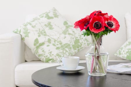 vase of red flowers in modern white living room - home decor